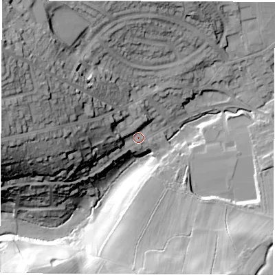 Shaded relief map of the ground around DE561JL, computed from Environment Agency LiDAR. The ground here sits at about 94 m above sea level and falls 44 m across the surrounding 800 m. Surface water reaching this point runs off ground lying to the west-north-west, 14.3 m higher.