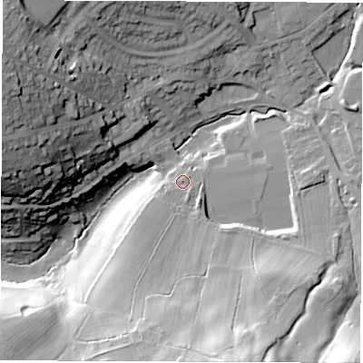 Shaded relief map of the ground around DE561JS, computed from Environment Agency LiDAR. The ground here sits at about 95 m above sea level and falls 39 m across the surrounding 800 m. Surface water reaching this point runs off ground lying to the south, 23.8 m higher.