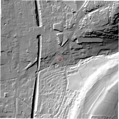 Shaded relief map of the ground around DE561NP, computed from Environment Agency LiDAR. The ground here sits at about 71 m above sea level and falls 72 m across the surrounding 800 m. Surface water reaching this point runs off ground lying to the north-north-east, 2.3 m higher.