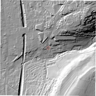 Shaded relief map of the ground around DE561NR, computed from Environment Agency LiDAR. The ground here sits at about 73 m above sea level and falls 68 m across the surrounding 800 m. Surface water reaching this point runs off ground lying to the north-east, 27.8 m higher.