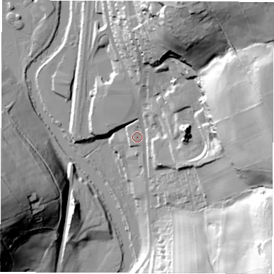 Shaded relief map of the ground around DE561SW, computed from Environment Agency LiDAR. The ground here sits at about 66 m above sea level and falls 63 m across the surrounding 800 m. Surface water reaching this point runs off ground lying to the east, 49.5 m higher.