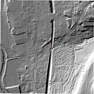 Shaded relief map of the ground around DE561TZ, computed from Environment Agency LiDAR. The ground here sits at about 65 m above sea level and falls 74 m across the surrounding 800 m. Surface water reaching this point runs off ground lying to the north-north-east, 5.1 m higher.
