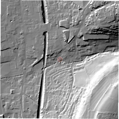 Shaded relief map of the ground around DE561UR, computed from Environment Agency LiDAR. The ground here sits at about 68 m above sea level and falls 74 m across the surrounding 800 m. Surface water reaching this point runs off ground lying to the south-east, 66.4 m higher.