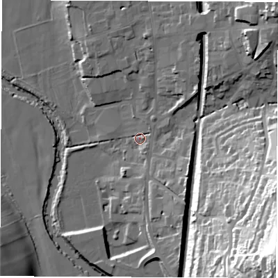 Shaded relief map of the ground around DE561UT, computed from Environment Agency LiDAR. The ground here sits at about 64 m above sea level and falls 61 m across the surrounding 800 m. Surface water reaching this point runs off ground lying to the south-east, 10.0 m higher.