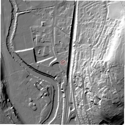 Shaded relief map of the ground around DE561UU, computed from Environment Agency LiDAR. The ground here sits at about 69 m above sea level and falls 69 m across the surrounding 800 m. Surface water reaching this point runs off ground lying to the east, 2.8 m higher.
