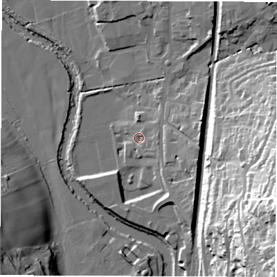 Shaded relief map of the ground around DE561WH, computed from Environment Agency LiDAR. The ground here sits at about 63 m above sea level and falls 54 m across the surrounding 800 m. Surface water reaching this point runs off ground lying to the east-south-east, 4.6 m higher.