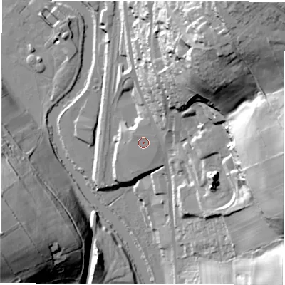 Shaded relief map of the ground around DE561WL, computed from Environment Agency LiDAR. The ground here sits at about 69 m above sea level and falls 66 m across the surrounding 800 m. Surface water reaching this point runs off ground lying to the east-north-east, 1.2 m higher.