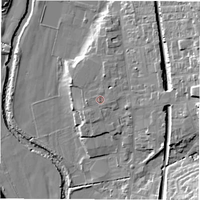 Shaded relief map of the ground around DE561WN, computed from Environment Agency LiDAR. The ground here sits at about 67 m above sea level and falls 25 m across the surrounding 800 m. Surface water reaching this point runs off ground lying to the east, 0.9 m higher.