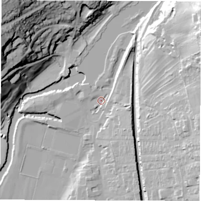 Shaded relief map of the ground around DE561XH, computed from Environment Agency LiDAR. The ground here sits at about 63 m above sea level and falls 59 m across the surrounding 800 m. Surface water reaching this point runs off ground lying to the north-north-east, 9.6 m higher.