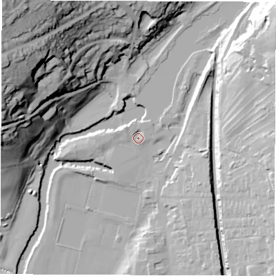Shaded relief map of the ground around DE561YD, computed from Environment Agency LiDAR. The ground here sits at about 63 m above sea level and falls 67 m across the surrounding 800 m. Surface water reaching this point runs off ground lying to the north-west, 2.8 m higher.