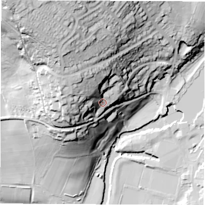 Shaded relief map of the ground around DE562BY, computed from Environment Agency LiDAR. The ground here sits at about 91 m above sea level and falls 87 m across the surrounding 800 m. Surface water reaching this point runs off ground lying to the north-west, 27.1 m higher.