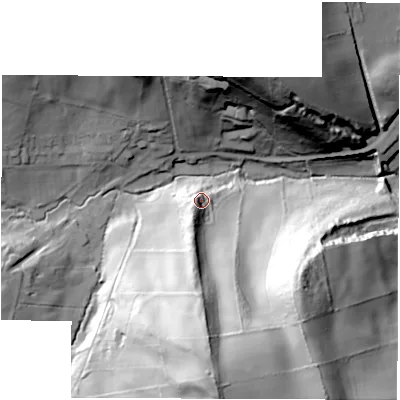 Shaded relief map of the ground around DE562DB, computed from Environment Agency LiDAR. The ground here sits at about 89 m above sea level and falls 74 m across the surrounding 800 m. Surface water reaching this point runs off ground lying to the south-south-west, 17.2 m higher.