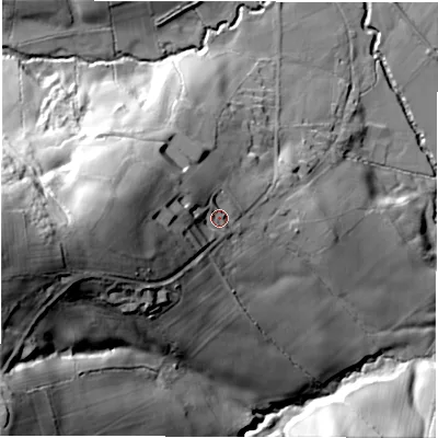 Shaded relief map of the ground around DE562EA, computed from Environment Agency LiDAR. The ground here sits at about 115 m above sea level and falls 68 m across the surrounding 800 m. Surface water reaching this point runs off ground lying to the west, 33.5 m higher.
