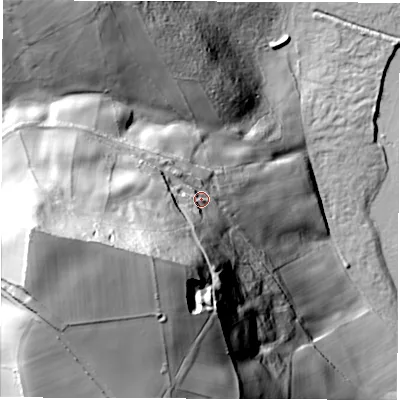 Shaded relief map of the ground around DE562EF, computed from Environment Agency LiDAR. The ground here sits at about 108 m above sea level and falls 105 m across the surrounding 800 m. Surface water reaching this point runs off ground lying to the south-west, 53.0 m higher.