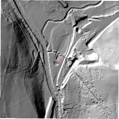 Shaded relief map of the ground around DE562EJ, computed from Environment Agency LiDAR. The ground here sits at about 68 m above sea level and falls 91 m across the surrounding 800 m. Surface water reaching this point runs off ground lying to the east-north-east, 7.1 m higher.