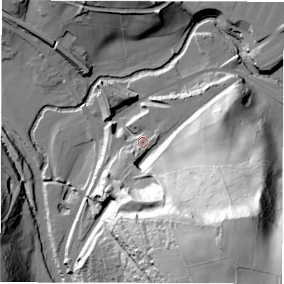 Shaded relief map of the ground around DE562EN, computed from Environment Agency LiDAR. The ground here sits at about 77 m above sea level and falls 100 m across the surrounding 800 m. Surface water reaching this point runs off ground lying to the south-south-west, 8.1 m higher.