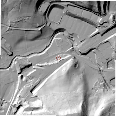 Shaded relief map of the ground around DE562EP, computed from Environment Agency LiDAR. The ground here sits at about 70 m above sea level and falls 94 m across the surrounding 800 m. Surface water reaching this point runs off ground lying to the south-east, 22.4 m higher.
