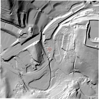 Shaded relief map of the ground around DE562EU, computed from Environment Agency LiDAR. The ground here sits at about 70 m above sea level and falls 93 m across the surrounding 800 m. Surface water reaching this point runs off ground lying to the east-north-east, 40.9 m higher.