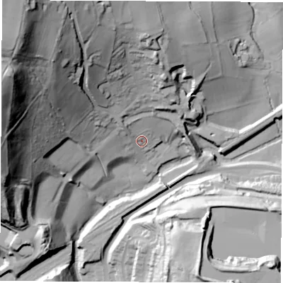 Shaded relief map of the ground around DE562EW, computed from Environment Agency LiDAR. The ground here sits at about 78 m above sea level and falls 93 m across the surrounding 800 m. Surface water reaching this point runs off ground lying to the north-west, 10.9 m higher.