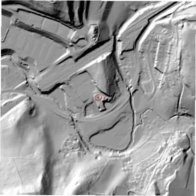 Shaded relief map of the ground around DE562EX, computed from Environment Agency LiDAR. The ground here sits at about 78 m above sea level and falls 93 m across the surrounding 800 m. Surface water reaching this point runs off ground lying to the north-north-east, 9.6 m higher.