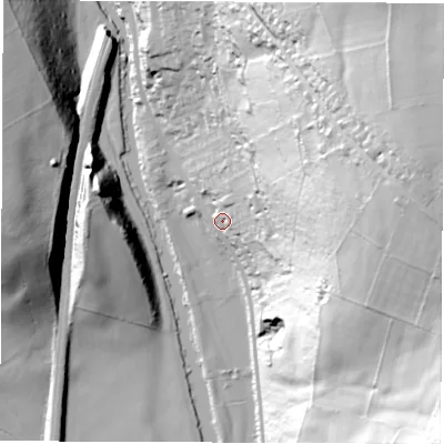 Shaded relief map of the ground around DE562GD, computed from Environment Agency LiDAR. The ground here sits at about 71 m above sea level and falls 96 m across the surrounding 800 m. Surface water reaching this point runs off ground lying to the east-north-east, 84.6 m higher.