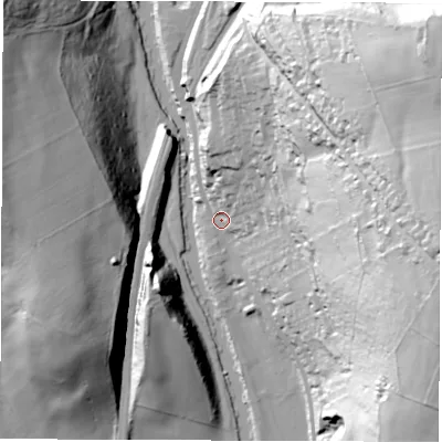 Shaded relief map of the ground around DE562GE, computed from Environment Agency LiDAR. The ground here sits at about 68 m above sea level and falls 96 m across the surrounding 800 m. Surface water reaching this point runs off ground lying to the east-north-east, 92.0 m higher.