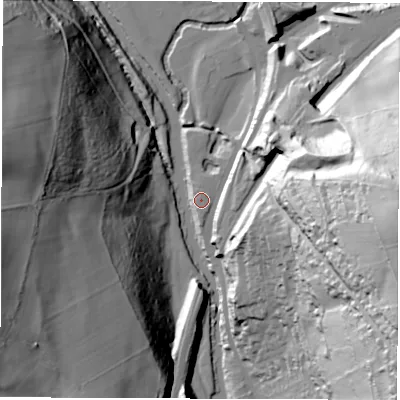 Shaded relief map of the ground around DE562GX, computed from Environment Agency LiDAR. The ground here sits at about 69 m above sea level and falls 86 m across the surrounding 800 m. Surface water reaching this point runs off ground lying to the east, 81.7 m higher.