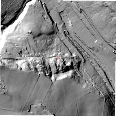 Shaded relief map of the ground around DE562HF, computed from Environment Agency LiDAR. The ground here sits at about 109 m above sea level and falls 140 m across the surrounding 800 m. Surface water reaching this point runs off ground lying to the west-south-west, 100.7 m higher.