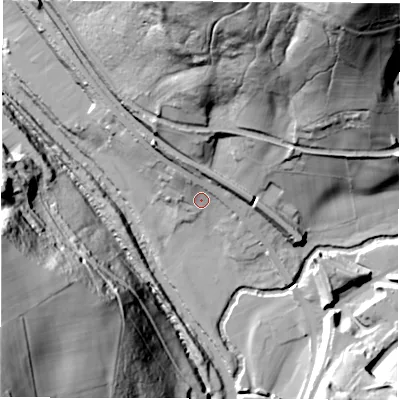 Shaded relief map of the ground around DE562HH, computed from Environment Agency LiDAR. The ground here sits at about 70 m above sea level and falls 87 m across the surrounding 800 m. Surface water reaching this point runs off ground lying to the north-west, 13.2 m higher.