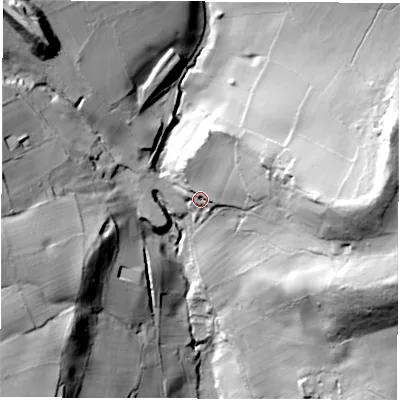 Shaded relief map of the ground around DE562HP, computed from Environment Agency LiDAR. The ground here sits at about 129 m above sea level and falls 71 m across the surrounding 800 m. Surface water reaching this point runs off ground lying to the north-east, 18.9 m higher.
