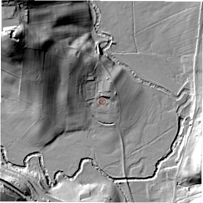Shaded relief map of the ground around DE562HR, computed from Environment Agency LiDAR. The ground here sits at about 78 m above sea level and falls 51 m across the surrounding 800 m. Surface water reaching this point runs off ground lying to the north-north-east, 5.3 m higher.