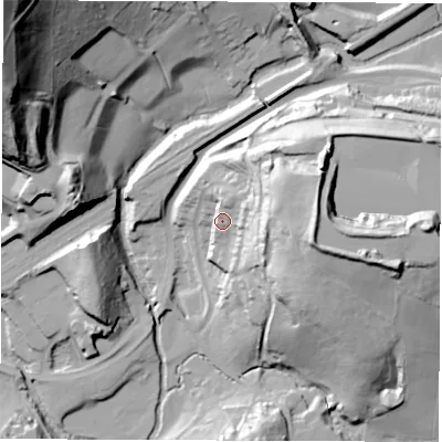 Shaded relief map of the ground around DE562JB, computed from Environment Agency LiDAR. The ground here sits at about 83 m above sea level and falls 80 m across the surrounding 800 m. Surface water reaching this point runs off ground lying to the east, 31.7 m higher.