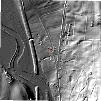 Shaded relief map of the ground around DE562JE, computed from Environment Agency LiDAR. The ground here sits at about 75 m above sea level and falls 85 m across the surrounding 800 m. Surface water reaching this point runs off ground lying to the east, 56.1 m higher.