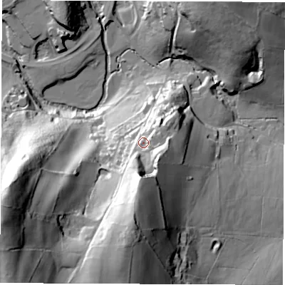 Shaded relief map of the ground around DE562JL, computed from Environment Agency LiDAR. The ground here sits at about 98 m above sea level and falls 98 m across the surrounding 800 m. Surface water reaching this point runs off ground lying to the south, 30.9 m higher.