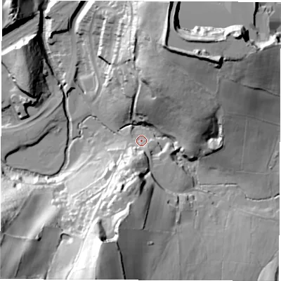 Shaded relief map of the ground around DE562JP, computed from Environment Agency LiDAR. The ground here sits at about 74 m above sea level and falls 74 m across the surrounding 800 m. Surface water reaching this point runs off ground lying to the south-south-west, 15.2 m higher.