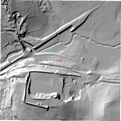 Shaded relief map of the ground around DE562JQ, computed from Environment Agency LiDAR. The ground here sits at about 77 m above sea level and falls 47 m across the surrounding 800 m. Surface water reaching this point runs off ground lying to the south-east, 9.0 m higher.