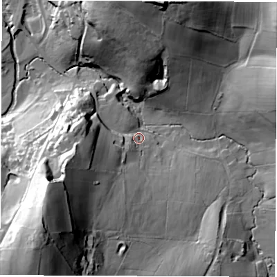 Shaded relief map of the ground around DE562JT, computed from Environment Agency LiDAR. The ground here sits at about 78 m above sea level and falls 75 m across the surrounding 800 m. Surface water reaching this point runs off ground lying to the south-west, 67.5 m higher.