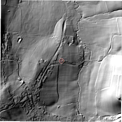 Shaded relief map of the ground around DE562JW, computed from Environment Agency LiDAR. The ground here sits at about 93 m above sea level and falls 55 m across the surrounding 800 m. Surface water reaching this point runs off ground lying to the west-south-west, 17.0 m higher.