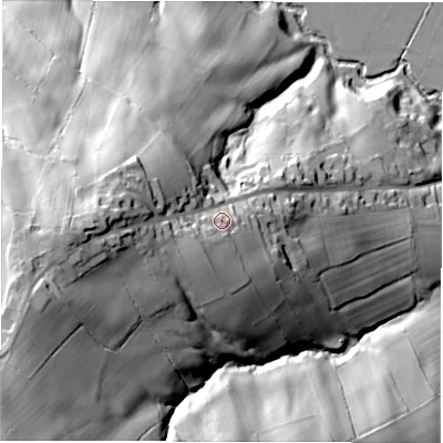 Shaded relief map of the ground around DE562LH, computed from Environment Agency LiDAR. The ground here sits at about 133 m above sea level and falls 87 m across the surrounding 800 m. Surface water reaching this point runs off ground lying to the west, 26.7 m higher.