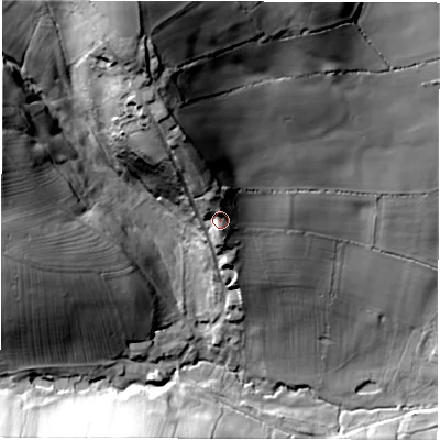 Shaded relief map of the ground around DE562LP, computed from Environment Agency LiDAR. The ground here sits at about 111 m above sea level and falls 61 m across the surrounding 800 m. Surface water reaching this point runs off ground lying to the north-north-west, 7.8 m higher.