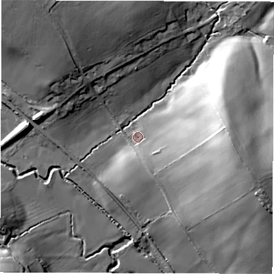 Shaded relief map of the ground around DE562LS, computed from Environment Agency LiDAR. The ground here sits at about 86 m above sea level and falls 34 m across the surrounding 800 m. Surface water reaching this point runs off ground lying to the east-south-east, 28.1 m higher.