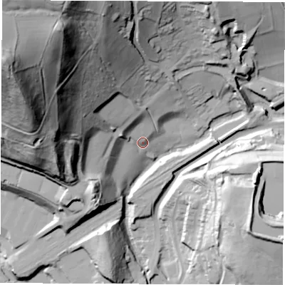 Shaded relief map of the ground around DE562NF, computed from Environment Agency LiDAR. The ground here sits at about 75 m above sea level and falls 118 m across the surrounding 800 m. Surface water reaching this point runs off ground lying to the west-north-west, 111.0 m higher.