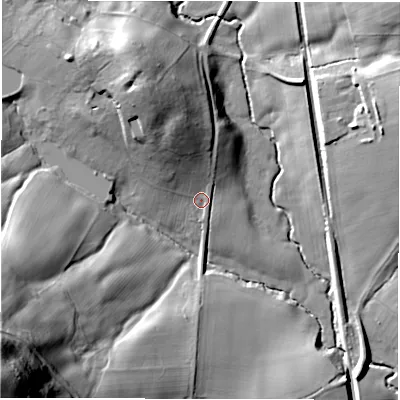 Shaded relief map of the ground around DE562SH, computed from Environment Agency LiDAR. The ground here sits at about 113 m above sea level and falls 64 m across the surrounding 800 m. Surface water reaching this point runs off ground lying to the north-north-west, 13.8 m higher.