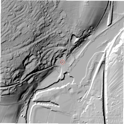Shaded relief map of the ground around DE562UA, computed from Environment Agency LiDAR. The ground here sits at about 64 m above sea level and falls 75 m across the surrounding 800 m. Surface water reaching this point runs off ground lying to the west-north-west, 61.2 m higher.