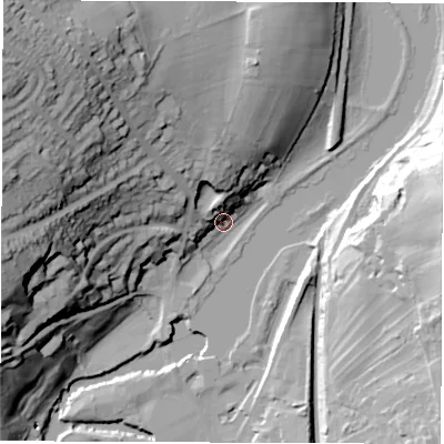 Shaded relief map of the ground around DE562UB, computed from Environment Agency LiDAR. The ground here sits at about 66 m above sea level and falls 68 m across the surrounding 800 m. Surface water reaching this point runs off ground lying to the north-west, 61.1 m higher.
