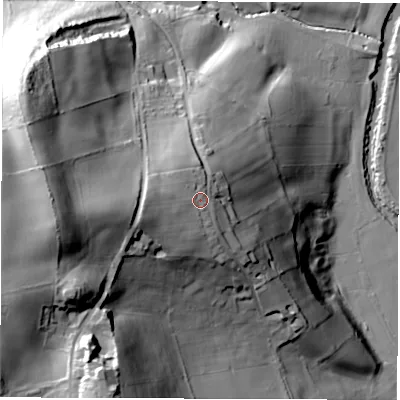 Shaded relief map of the ground around DE562UW, computed from Environment Agency LiDAR. The ground here sits at about 106 m above sea level and falls 84 m across the surrounding 800 m. Surface water reaching this point runs off ground lying to the west-south-west, 13.0 m higher.