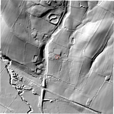 Shaded relief map of the ground around DE564AP, computed from Environment Agency LiDAR. The ground here sits at about 82 m above sea level and falls 45 m across the surrounding 800 m. Surface water reaching this point runs off ground lying to the north-north-west, 1.1 m higher.