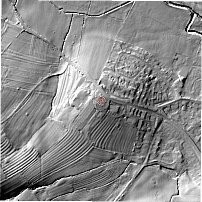 Shaded relief map of the ground around DE564AR, computed from Environment Agency LiDAR. The ground here sits at about 73 m above sea level and falls 32 m across the surrounding 800 m. Surface water reaching this point runs off ground lying to the west-south-west, 1.0 m higher.
