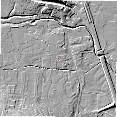 Shaded relief map of the ground around DE564AT, computed from Environment Agency LiDAR. The ground here sits at about 57 m above sea level and falls 15 m across the surrounding 800 m. Surface water reaching this point runs off ground lying to the west-north-west, 0.8 m higher.