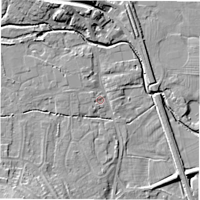 Shaded relief map of the ground around DE564AU, computed from Environment Agency LiDAR. The ground here sits at about 56 m above sea level and falls 14 m across the surrounding 800 m. Surface water reaching this point runs off ground lying to the west, 1.7 m higher.